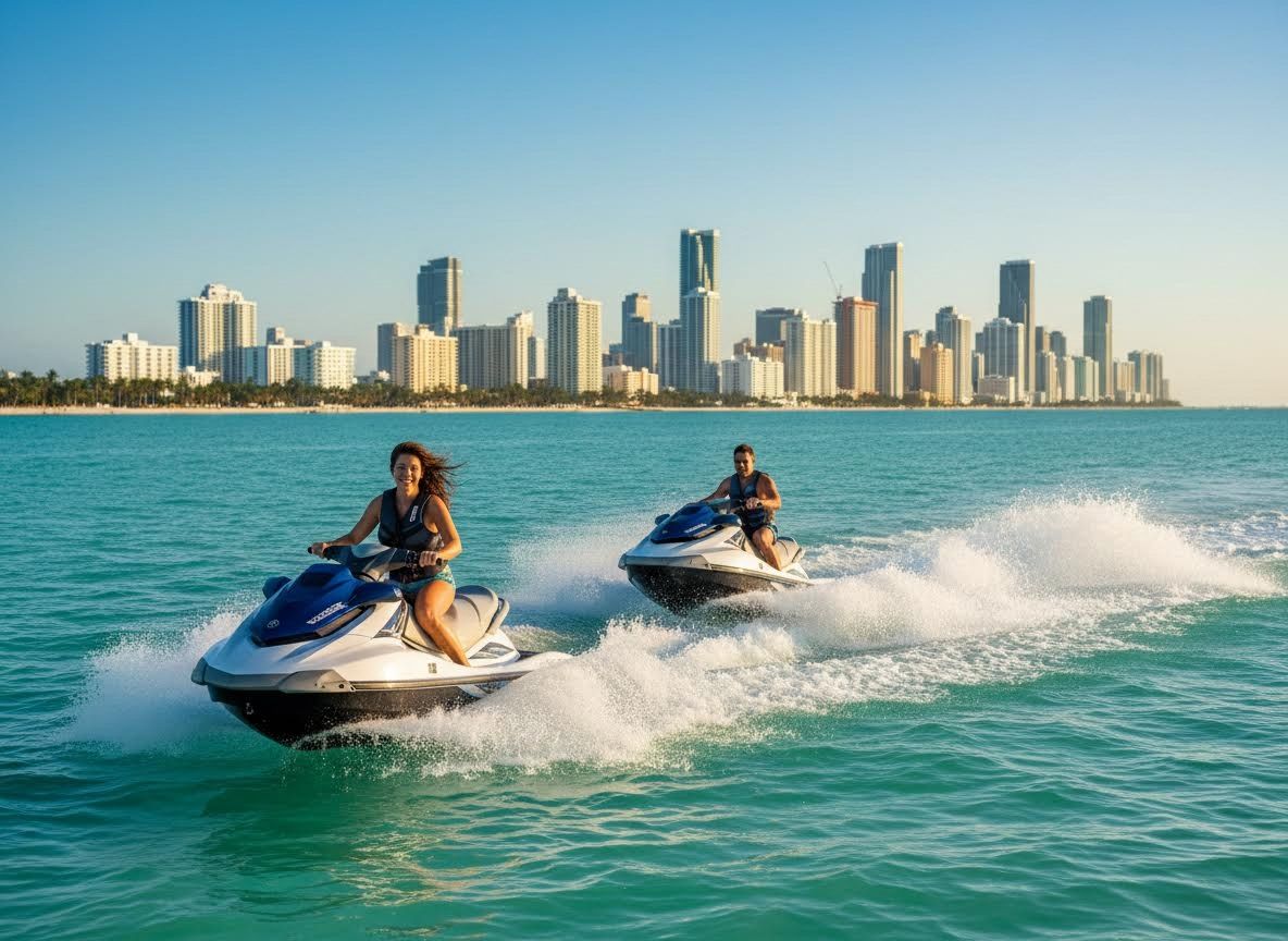 Two people jet skiing in front of a city skyline