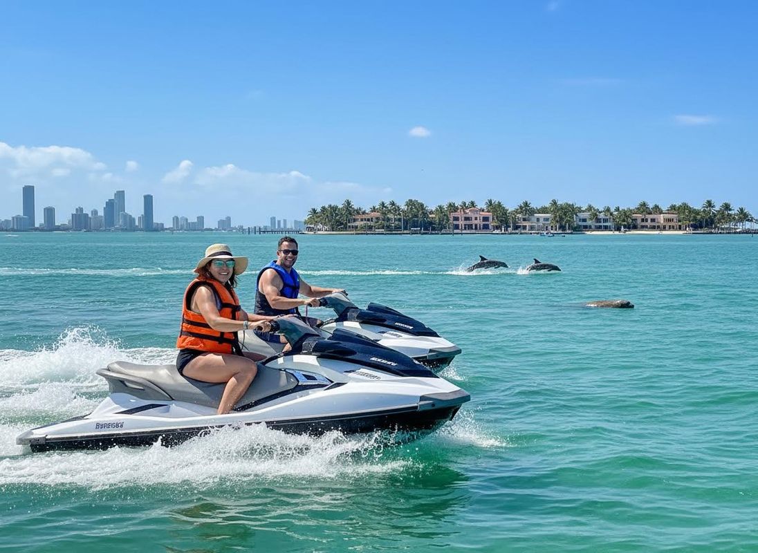 Couple Jet Skiing with Dolphins and City Skyline