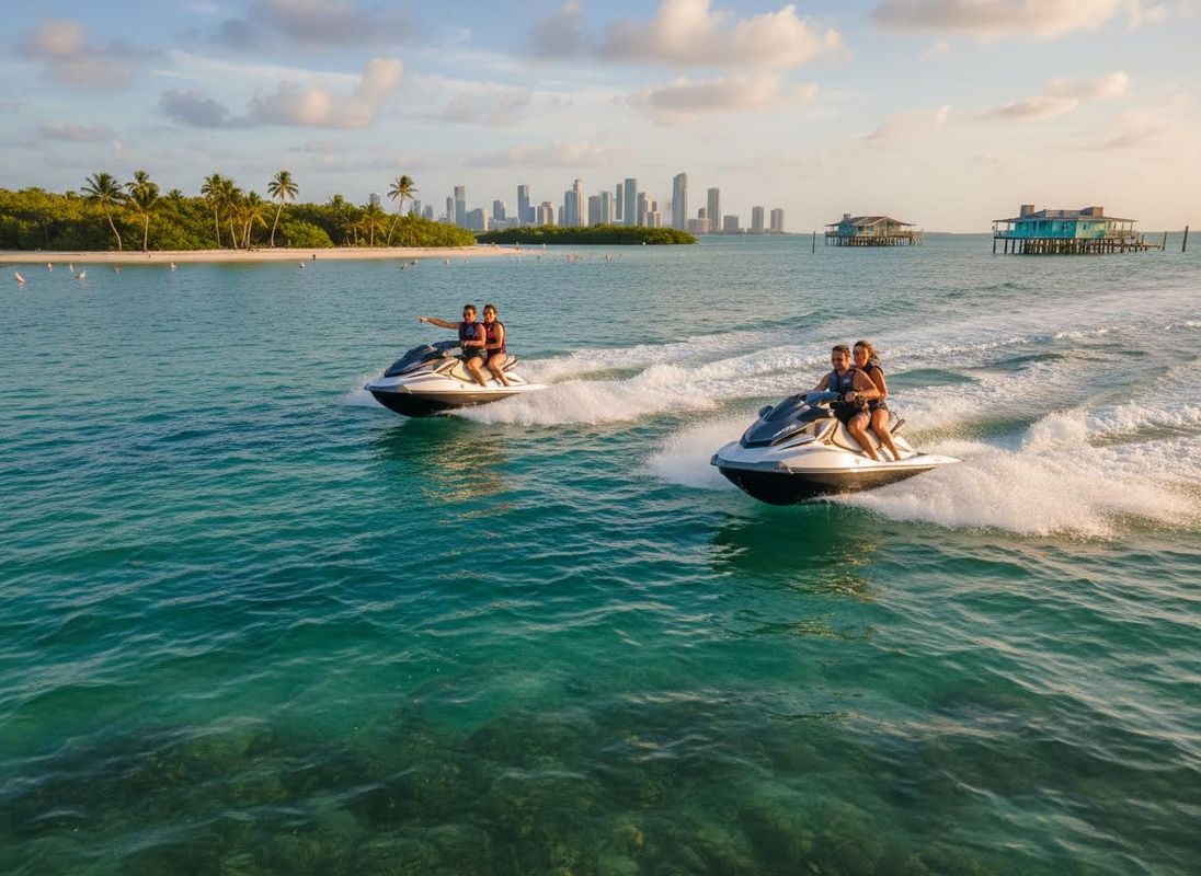 Couples jet skiing in tropical waters with city skyline