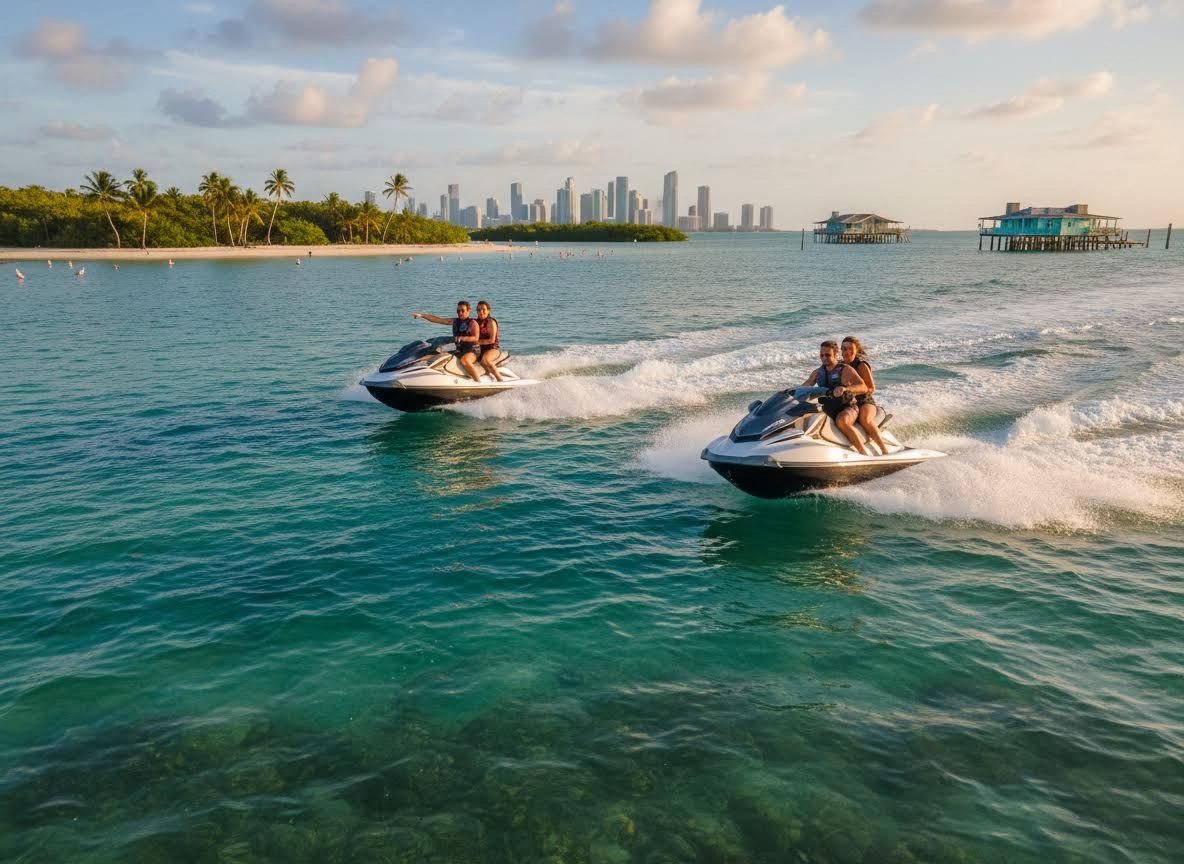 Couples jet skiing in tropical waters with city skyline