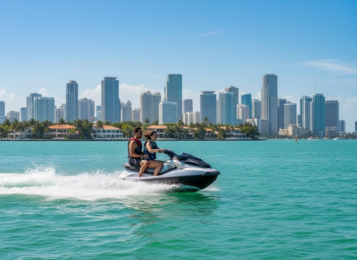 Couple Jet Skiing in front of City Skyline