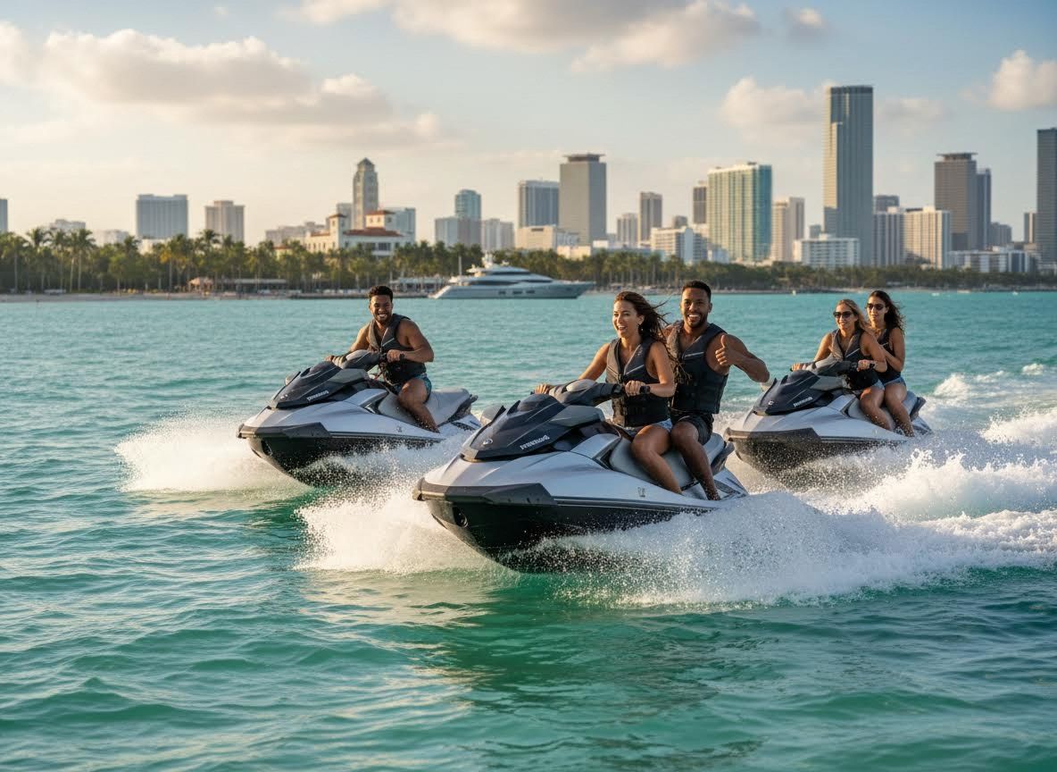 Friends enjoying jet skis by the city