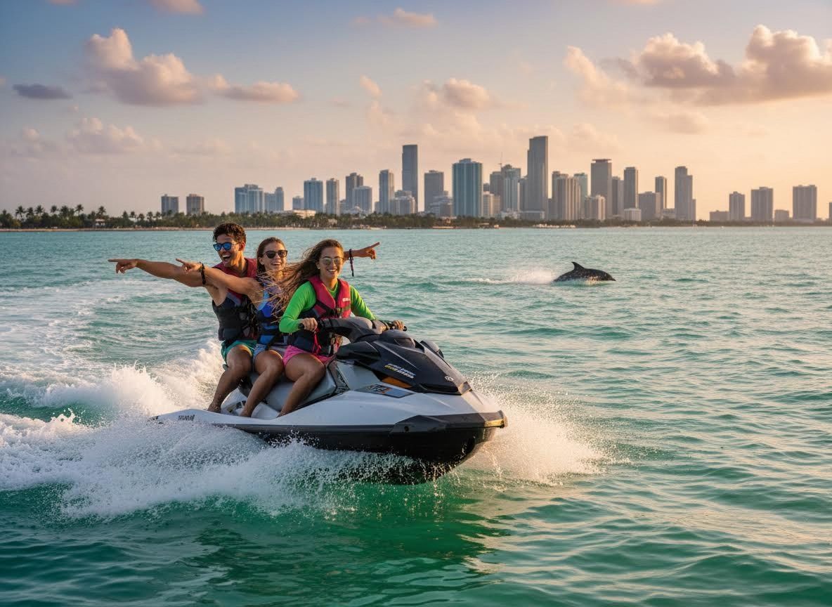 Friends on a Jet Ski with Dolphin and City Skyline at Sunset