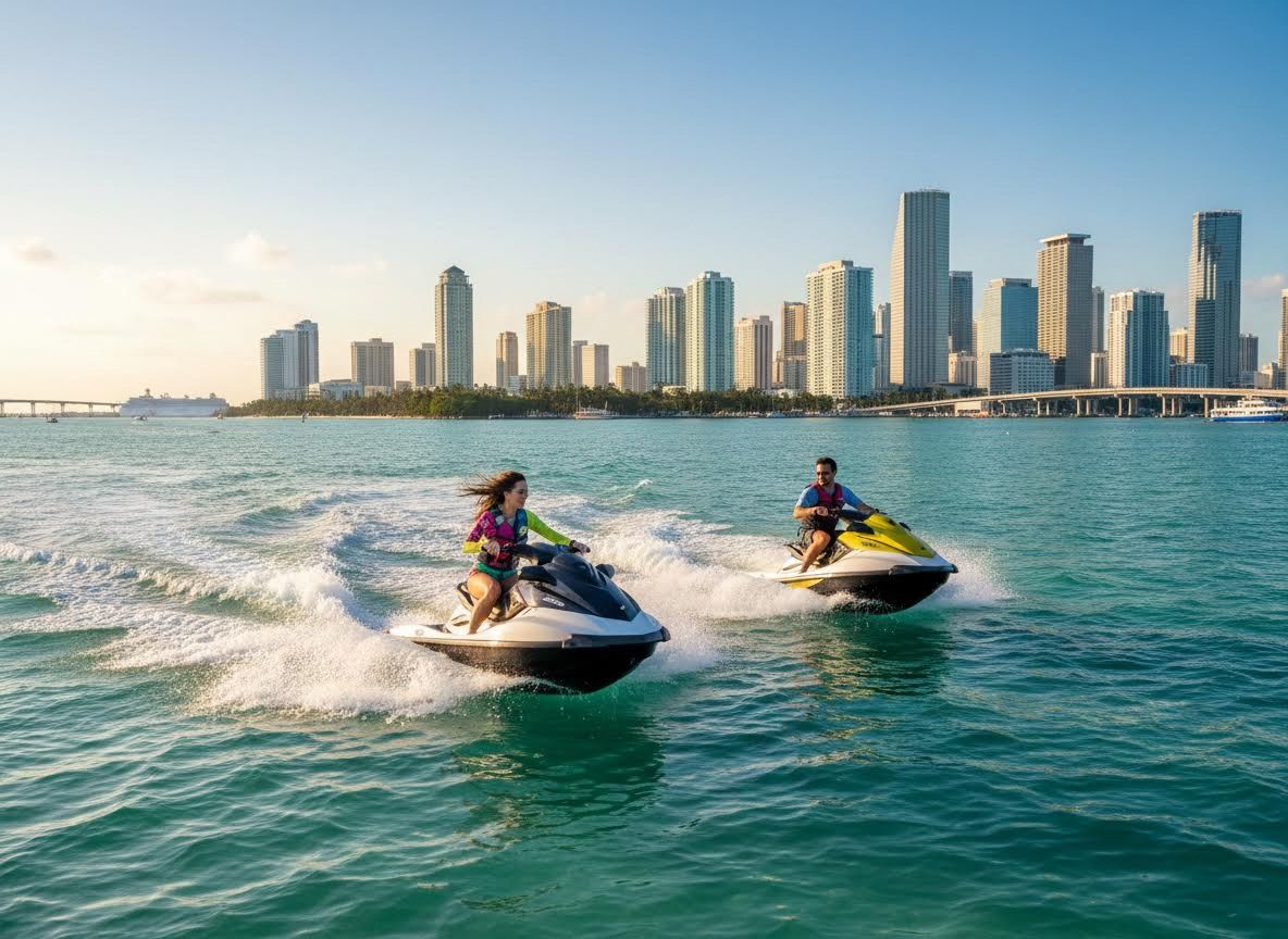 Two people jet skiing on water with a city skyline in the background
