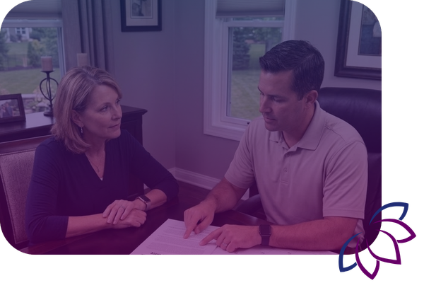 administrator discusses long-term care insurance policy details with a private-pay client