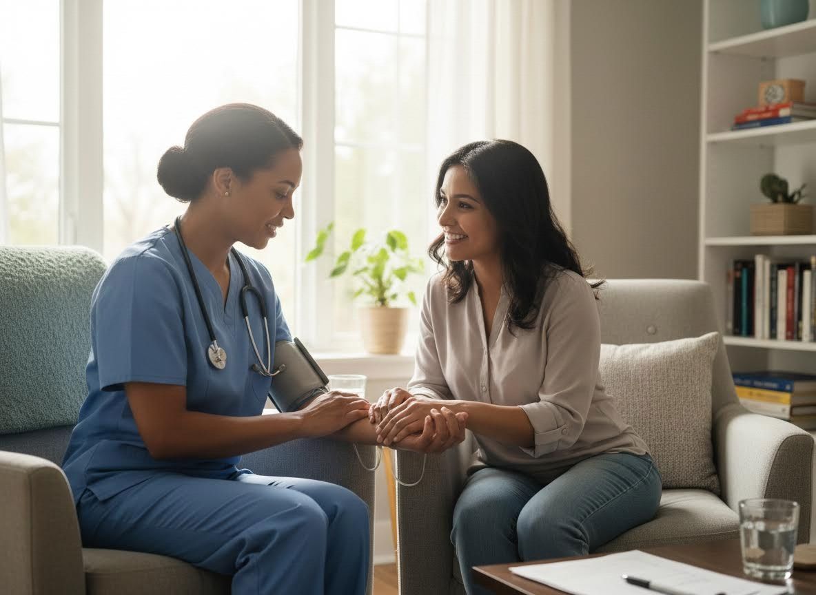 Nurse taking patient's blood pressure during a home visit