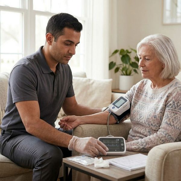 A healthcare professional in a grey polo shirt checks the blood pressure of an elderly woman sitting in a sunlit living room.