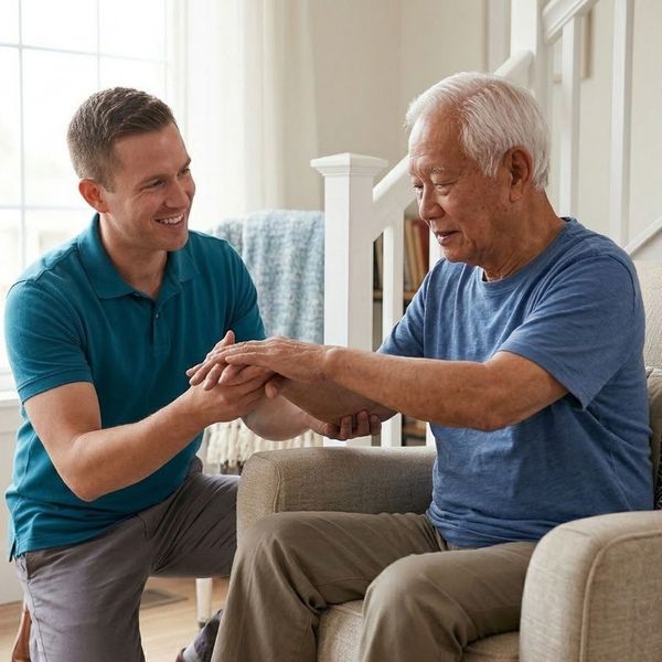 A physical therapist provides one-on-one mobility assistance to an elderly man in his home, focusing on arm and hand exercises.
