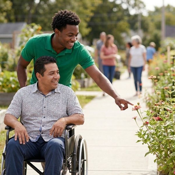 A smiling caregiver in a green polo shirt points to a flower in a community garden while assisting a man in a wheelchair.