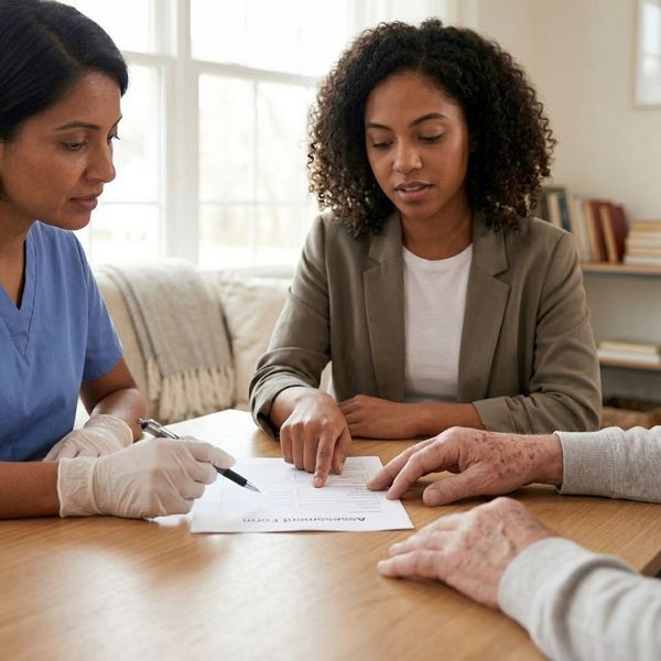 Close-up of a nurse and a social worker reviewing a healthcare assessment form with an elderly patient at a wooden table.