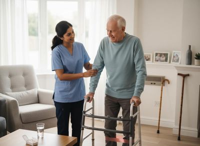 Home Care Nurse Assisting Elderly Man with Walker