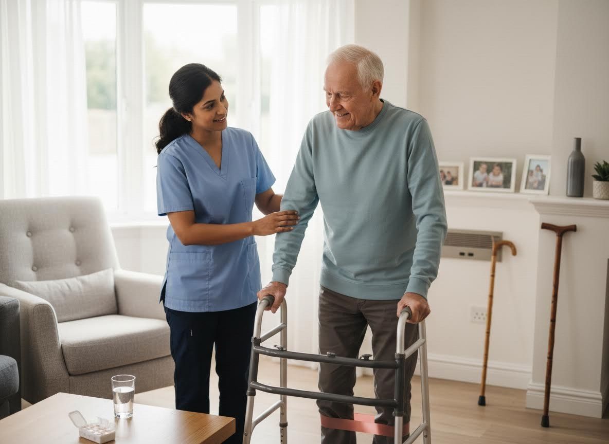 Home Care Nurse Assisting Elderly Man with Walker