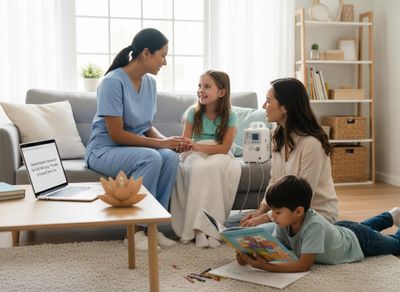 A nurse in blue scrubs comforts a young girl on a sofa, while the mother watches and a boy reads on the floor, during a home health visit. Pediatric Nurse Providing In-Home Care to a Child and Family