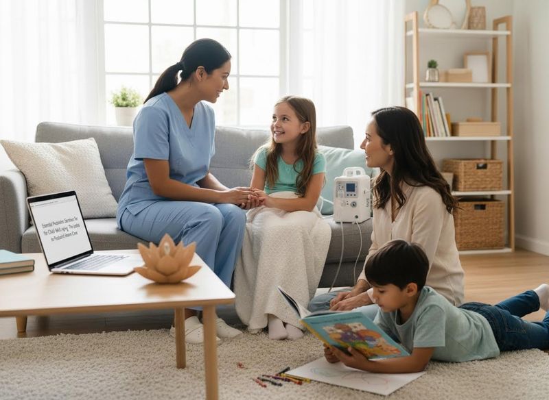 A nurse in blue scrubs comforts a young girl on a sofa, while the mother watches and a boy reads on the floor, during a home health visit. Pediatric Nurse Providing In-Home Care to a Child and Family