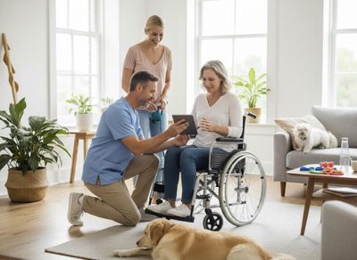 Caregiver assisting woman in wheelchair with tablet at home