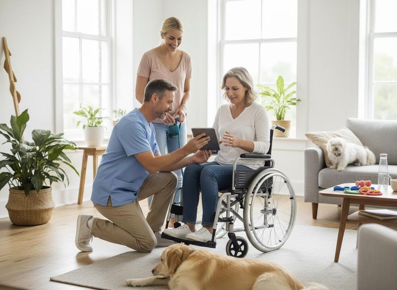 A man helps a woman in a wheelchair with a tablet in a sunny living room, with another woman and two dogs nearby. Caregiver assisting woman in wheelchair with tablet at home