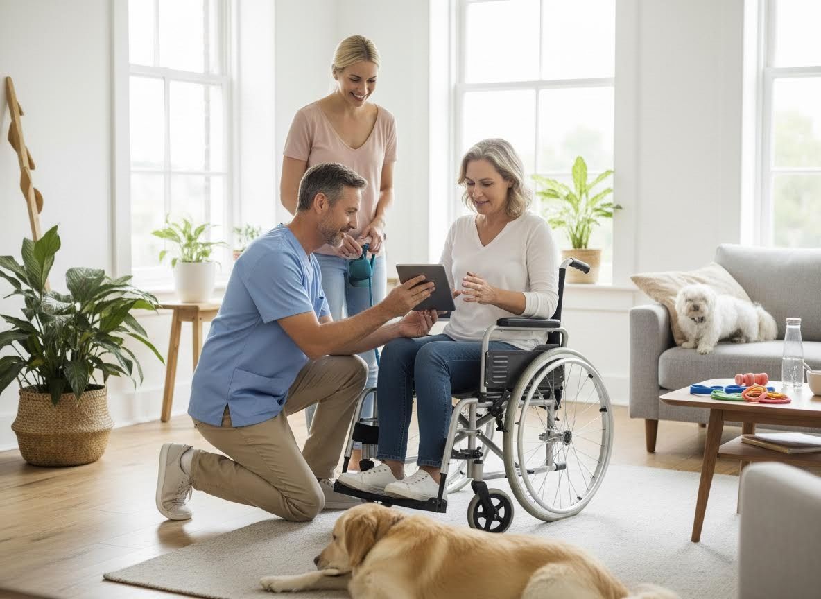 Caregiver assisting woman in wheelchair with tablet at home