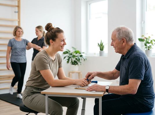 A smiling young therapist guides an elderly man through hand rehabilitation exercises at a table, while another therapist assists an older woman walking. Therapist guiding an elderly man in rehabilitation exercises