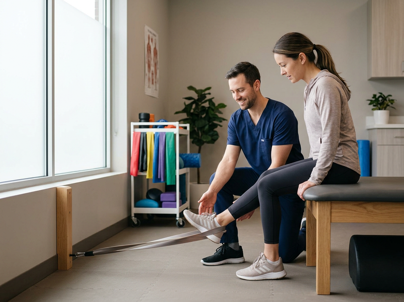 Physical Therapist Assists Patient with Ankle Resistance Band Exercise