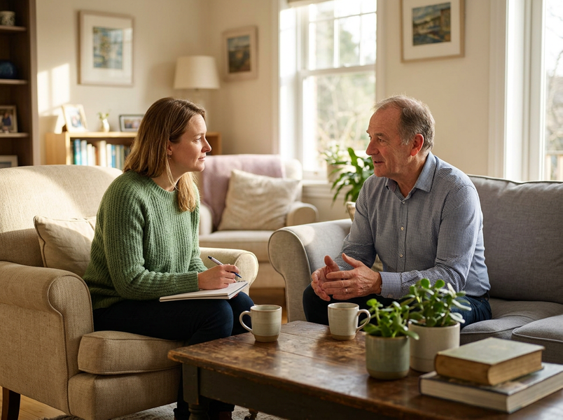 Woman taking notes while conversing with an older man in a cozy living room