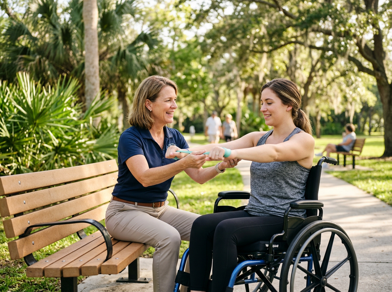 Woman in wheelchair doing physical therapy with a therapist outdoors