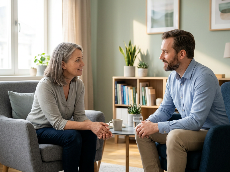 A mature woman and a man sit in armchairs, facing each other and engaged in a calm conversation in a bright, modern living room. Two People Discussing in a Home Setting