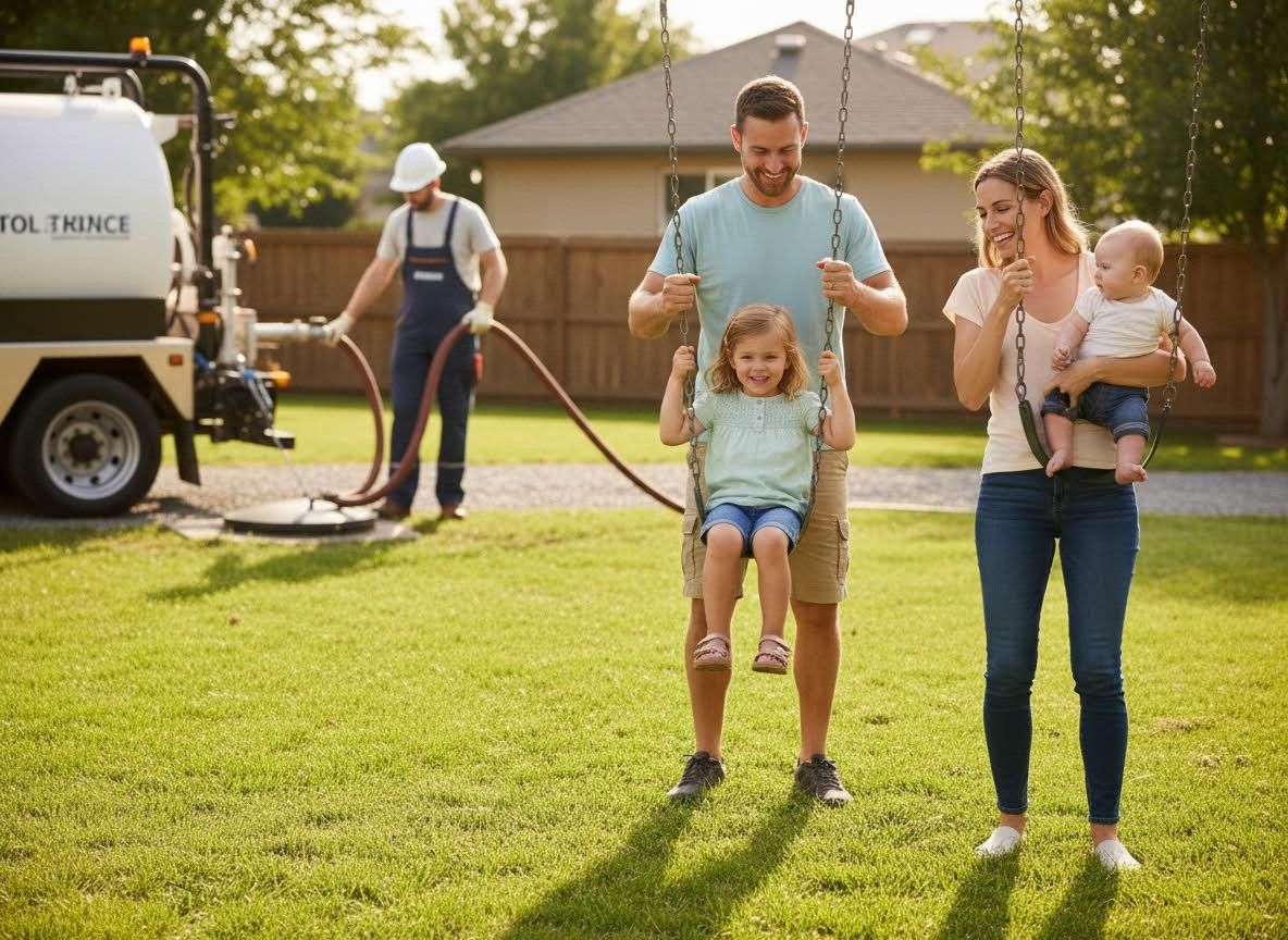 Family playing on swings while septic tank is serviced