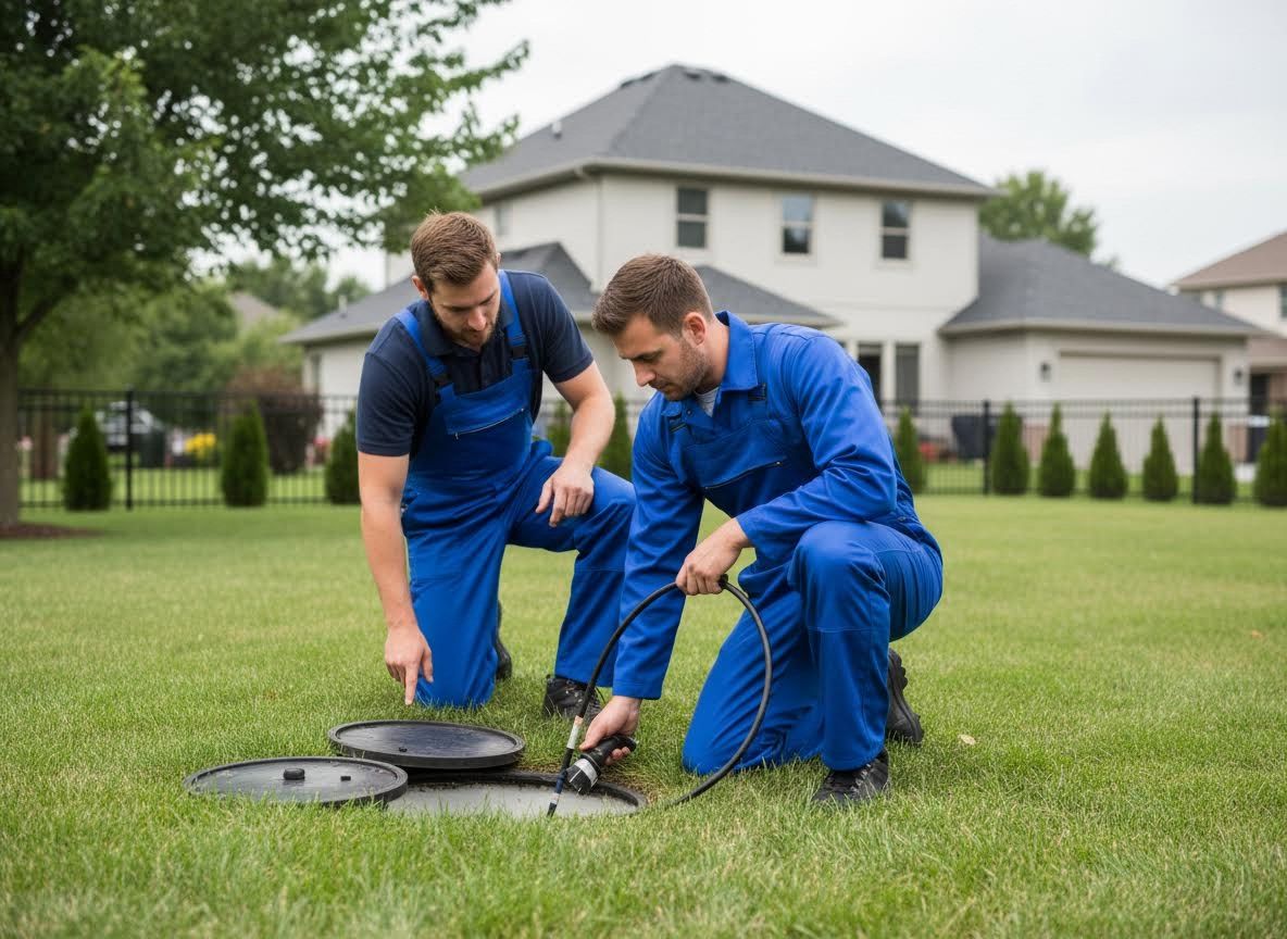Two service technicians inspecting a ground access port in a residential yard