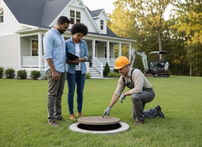 A contractor explains septic tank details to a couple in front of their new house, with an excavator in the background. Septic Tank Inspection at a New Home