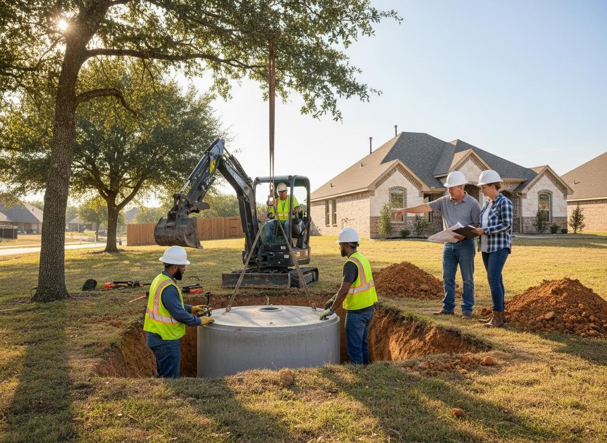 Construction crew installing a large underground concrete tank