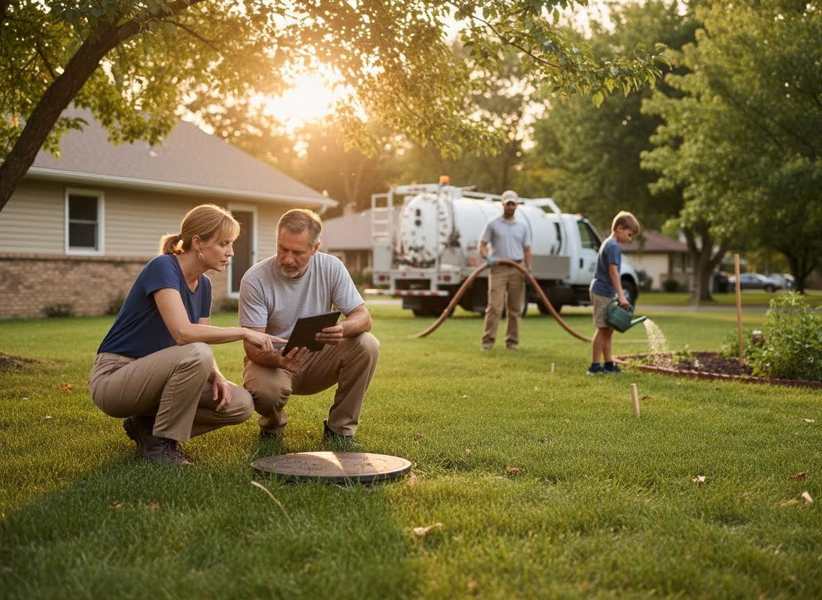 Homeowners review septic system information with technician present
