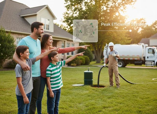 A family stands in their yard, pointing at a worker servicing a septic system with a truck in the background, overlaid with a 'Peak Efficiency System' diagram. Family Observing Septic System Service