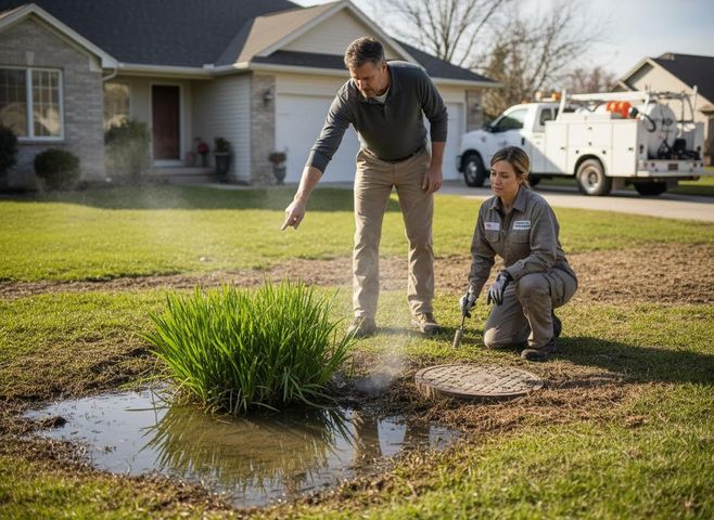 Two service professionals inspect a steaming manhole cover and large water puddle in a residential yard with a utility truck nearby. Service Technicians Investigating a Yard Leak and Manhole