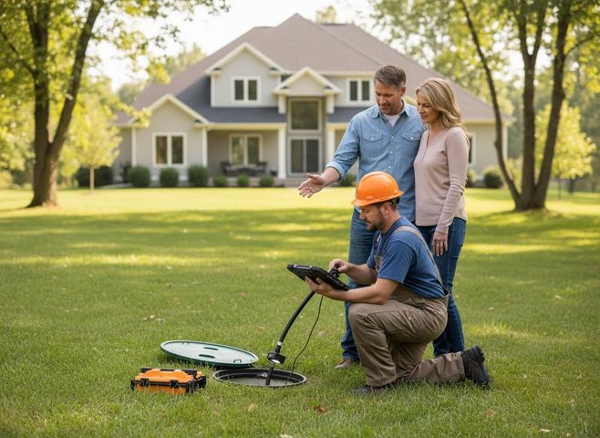 A technician inspects a septic system with a probe and tablet in a residential yard while homeowners observe, with a modern house behind them. Septic system inspection at a home
