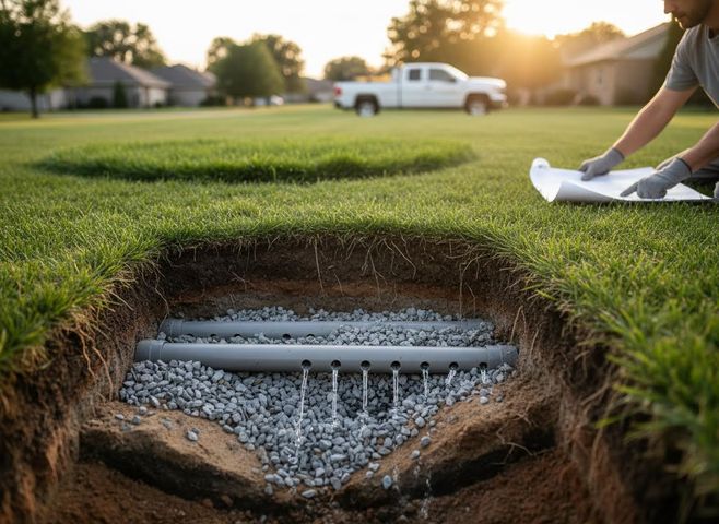 A trench in a green lawn revealing perforated drainage pipes in gravel, with water flowing. A person reviews blueprints in the background. Residential Drainage System Installation