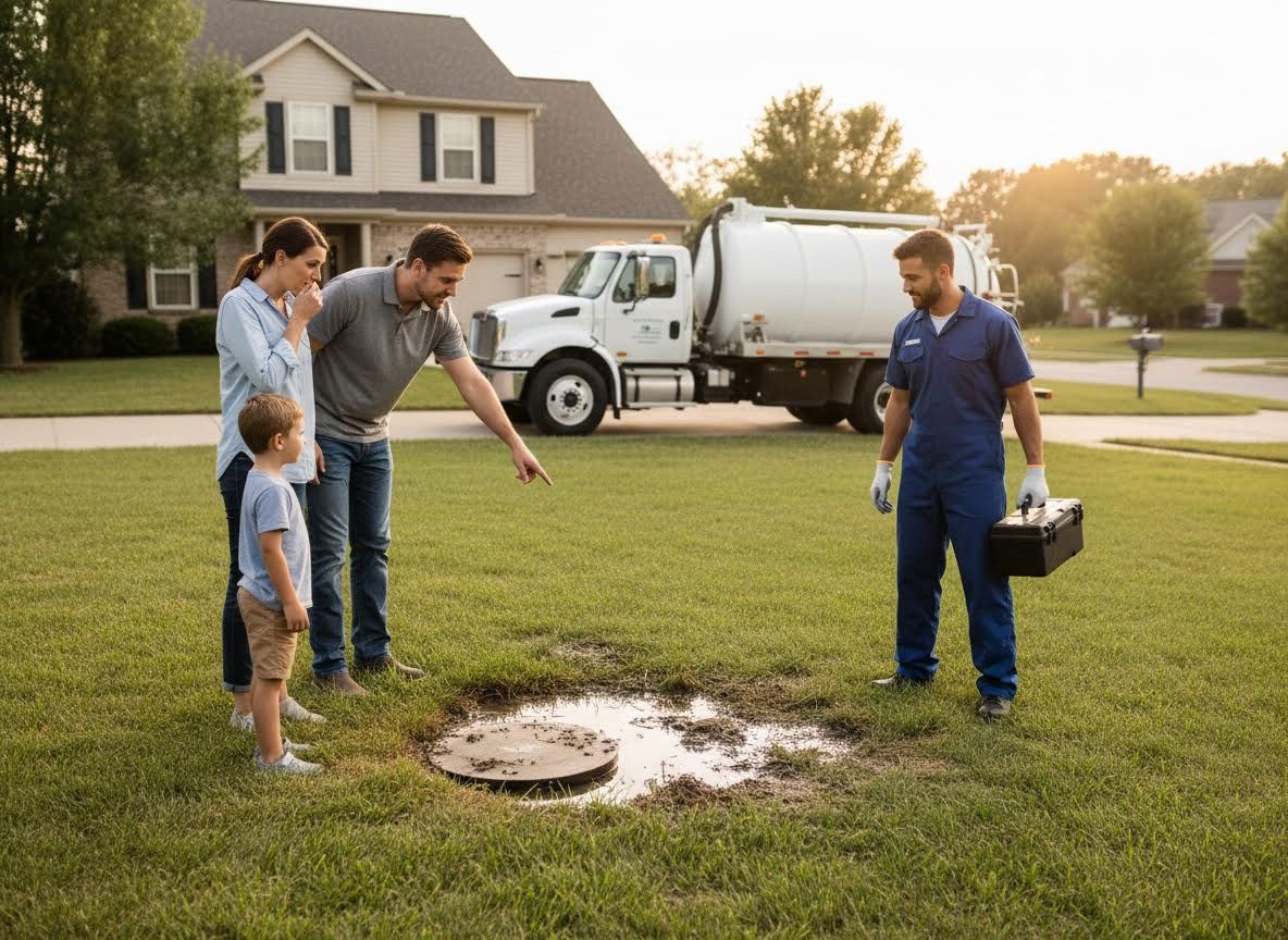 Family Discussing Septic System Issue with a Technician