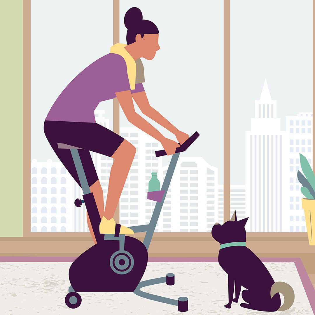 A graphic of a woman working out on an at-home bike with her dog.