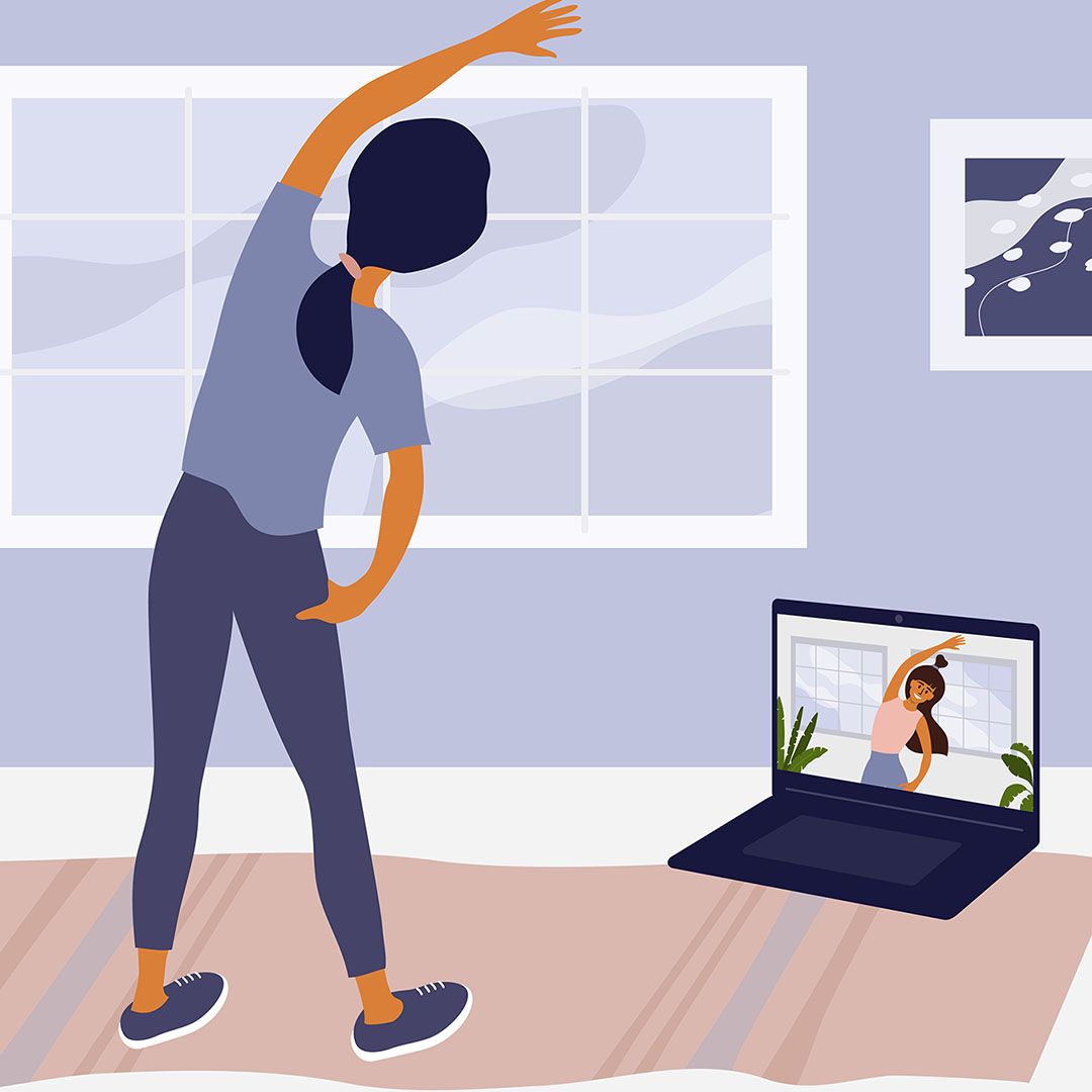 A graphic of a woman at home working out following a video on her laptop.