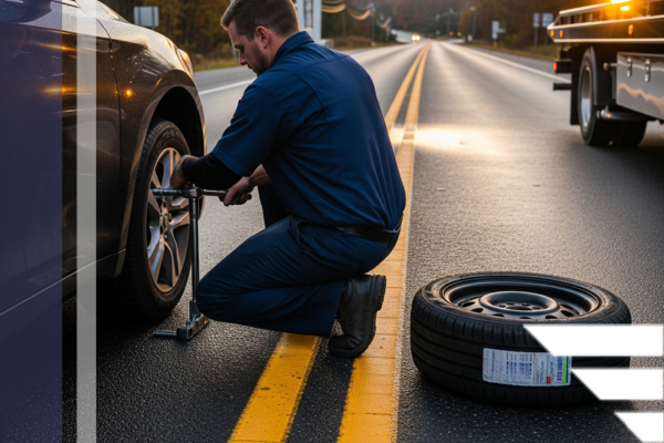 changing tire on road