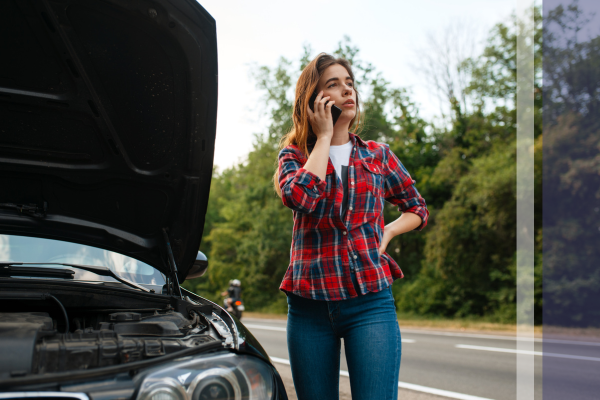 woman calling for roadside assistance.