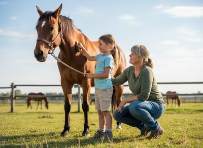 A young girl brushes a brown horse as a smiling woman watches in a sunny green field with other horses in the background. Girl and Woman Grooming a Horse
