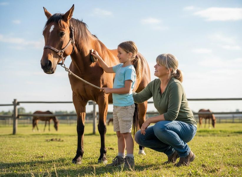Girl and Woman Grooming a Horse