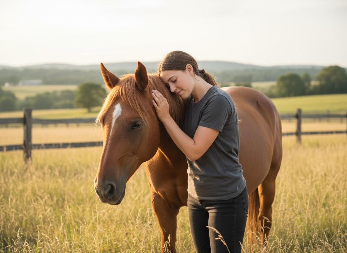 Young Woman Embracing Chestnut Horse