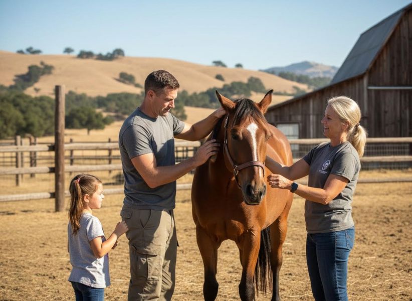 Family petting a horse on a sunny ranch
