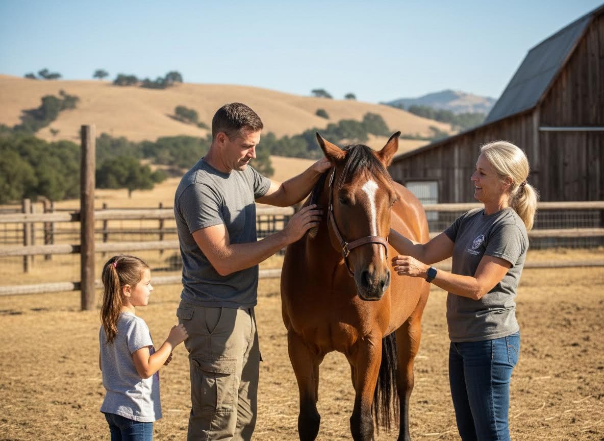 Family petting a horse on a sunny ranch