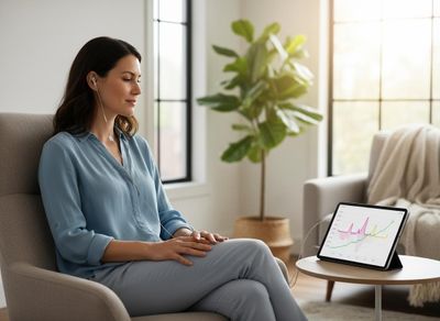 Woman listening to earbuds while viewing data on tablet