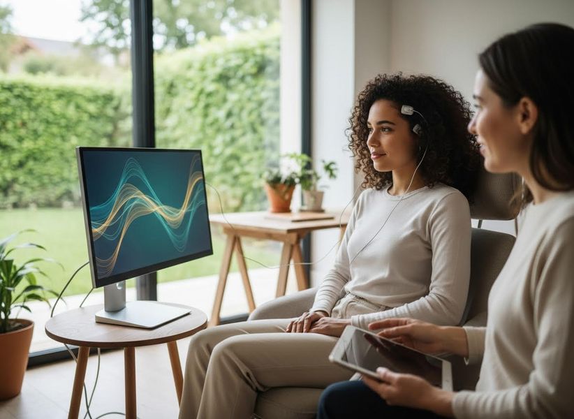 Woman undergoing neurofeedback or brain monitoring session