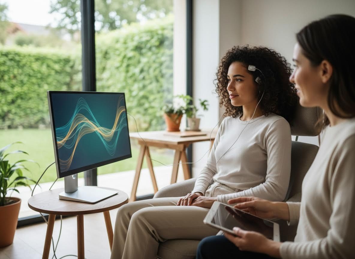 Woman undergoing neurofeedback or brain monitoring session