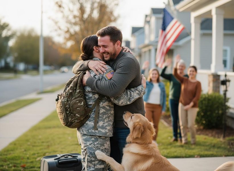 military person hugging her husband after just getting home from deployment