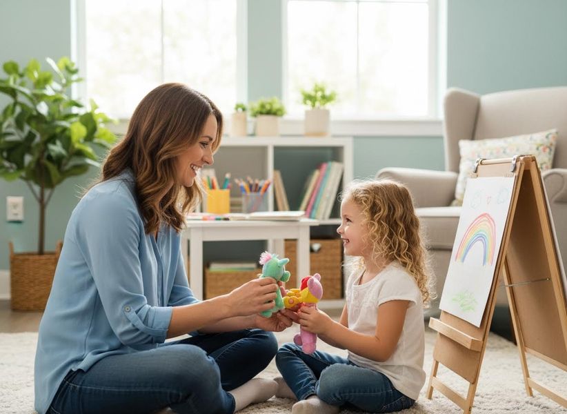 Mother and daughter playing with toys